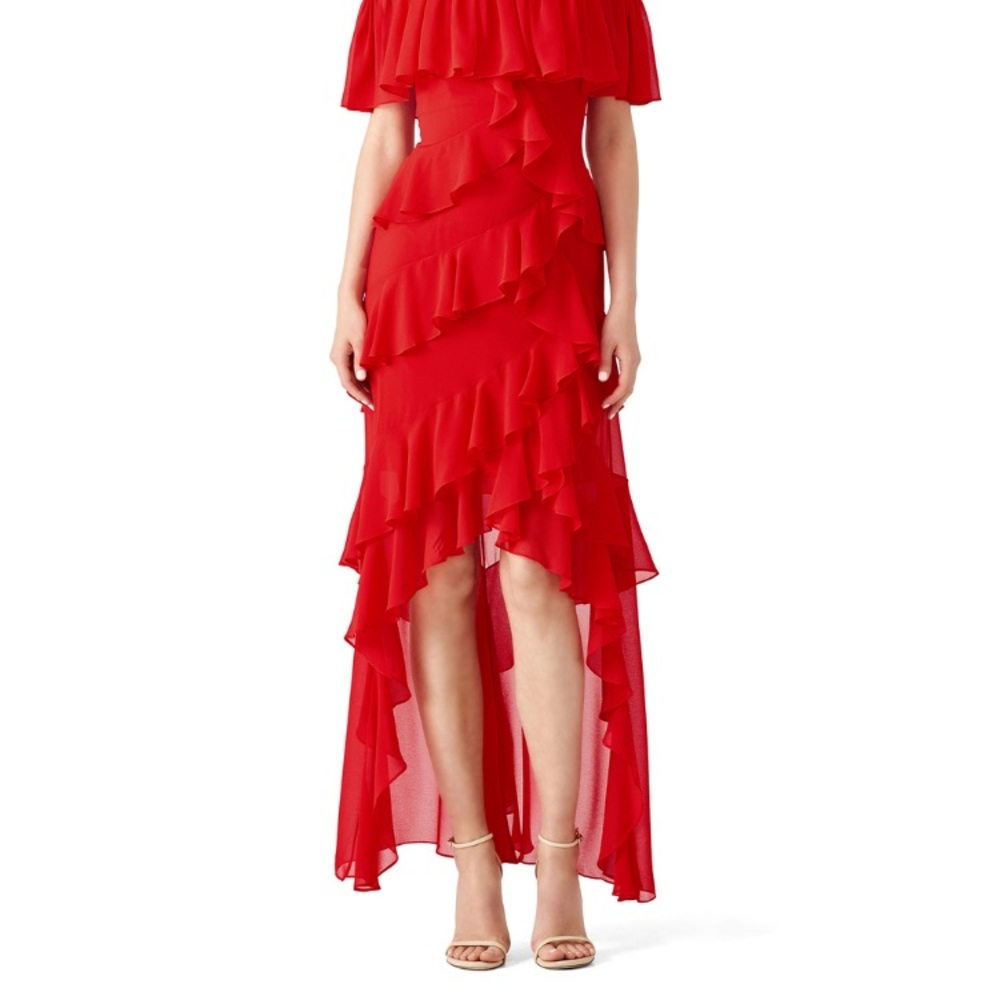Badgley Mishka red off shoulder ruffle gown